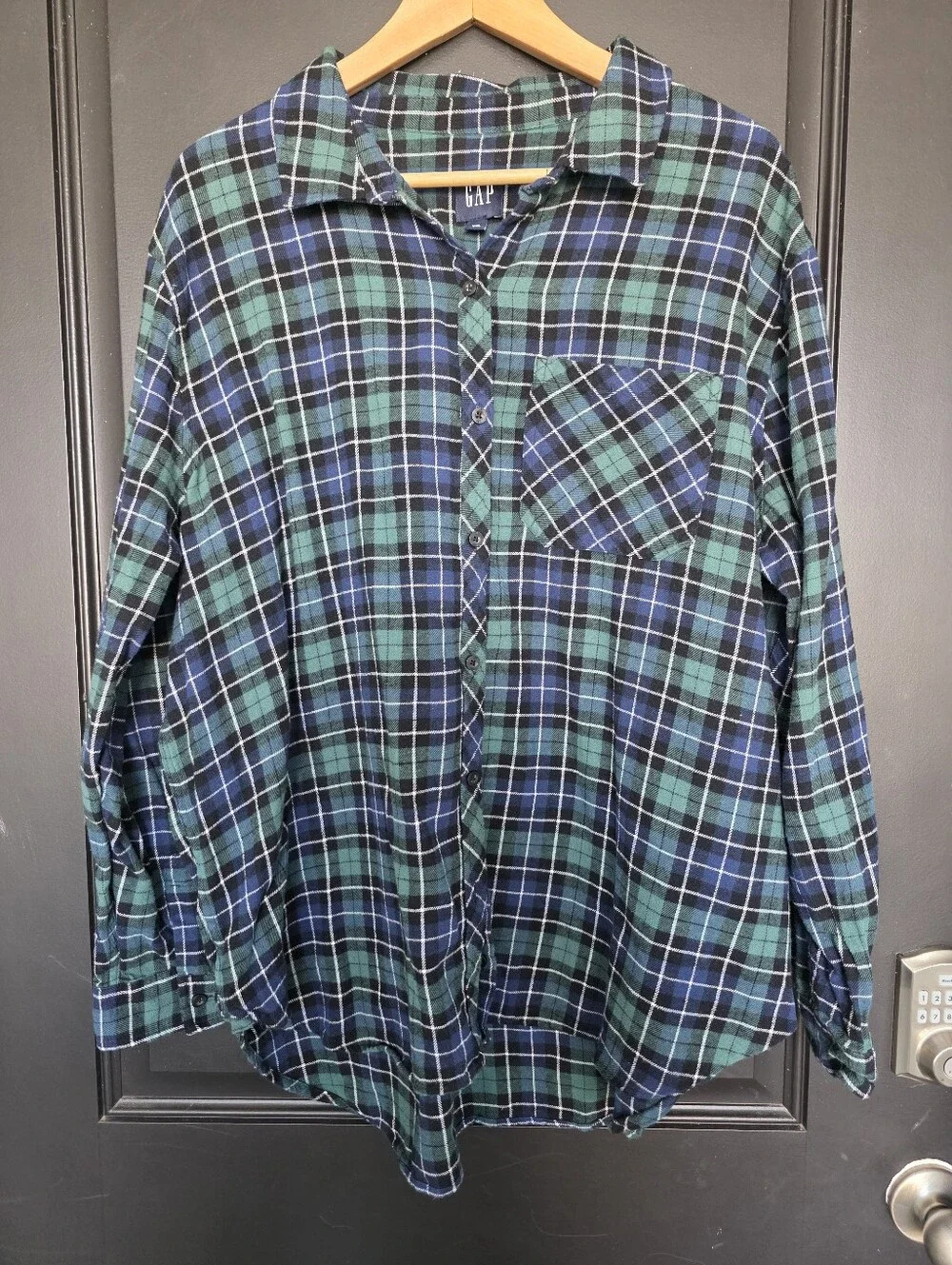 Gap XXL Blue Green Plaid Flannel Button Front Shirt Oversized Pocket Top Women
